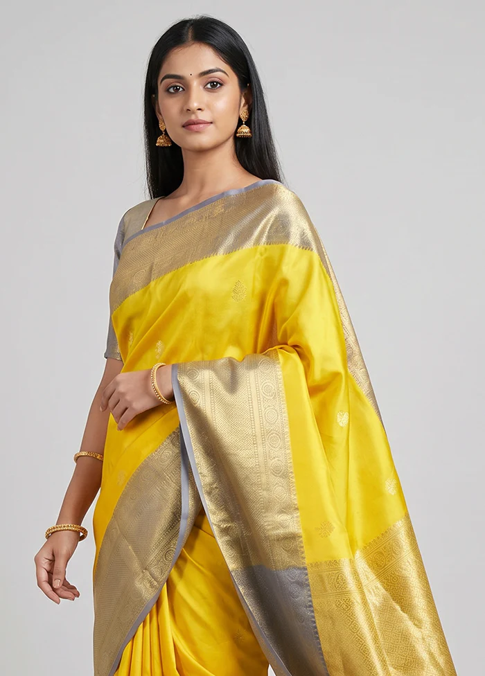 Yellow Handloom Kanchipuram Pure Silk Saree With Blouse Piece - Image 2