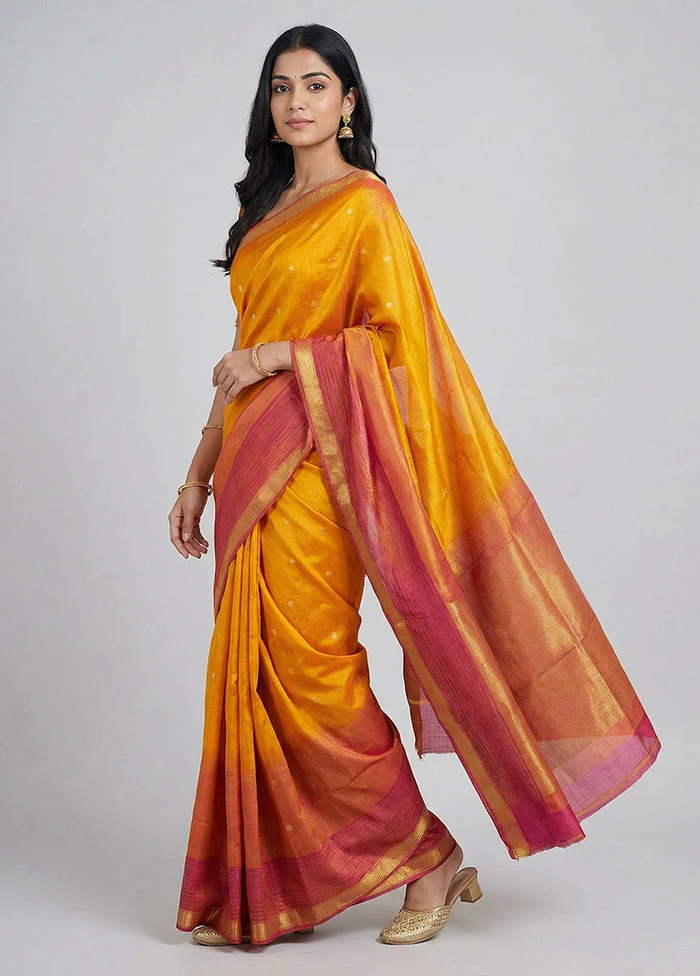 Yellow Handloom Kanjivaram Pure Silk Saree With Blouse Piece
