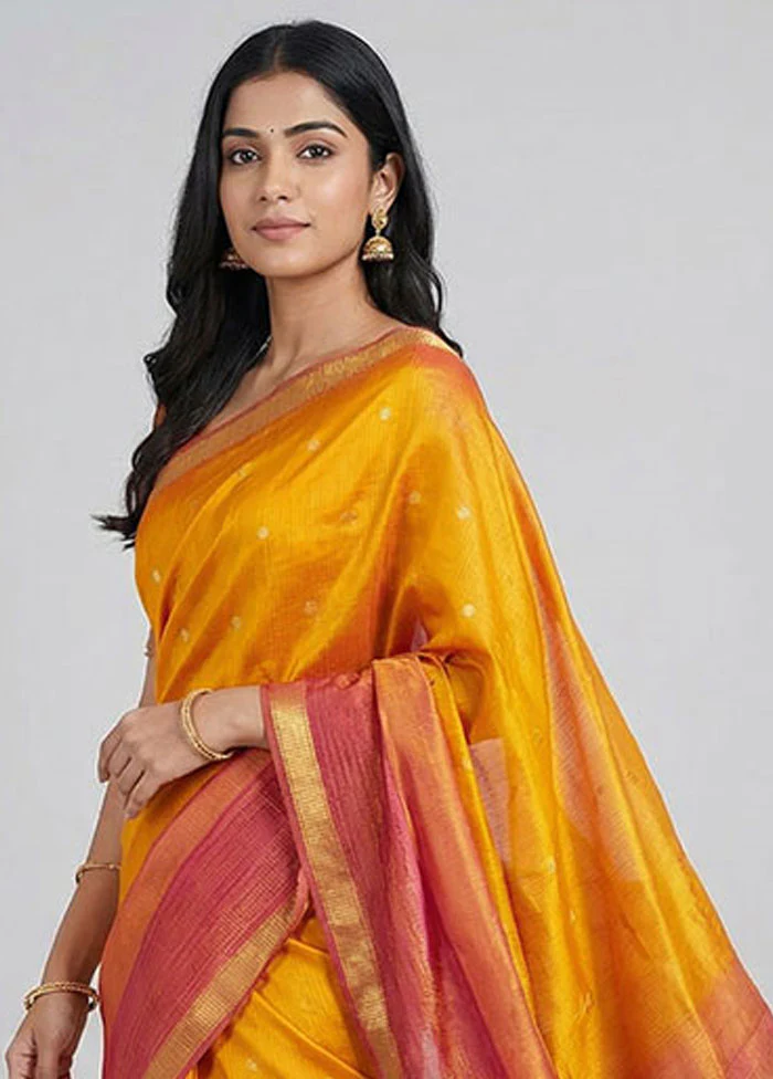 Yellow Handloom Kanjivaram Pure Silk Saree With Blouse Piece - Image 2