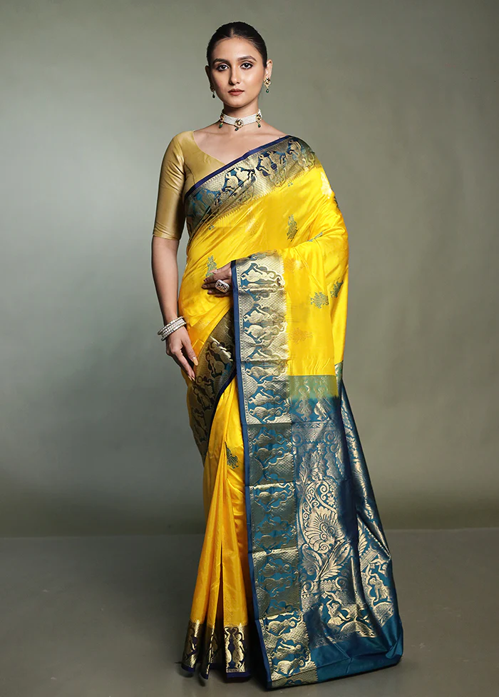 Yellow Handloom Kanjivaram Pure Silk Saree With Blouse Piece - Image 2