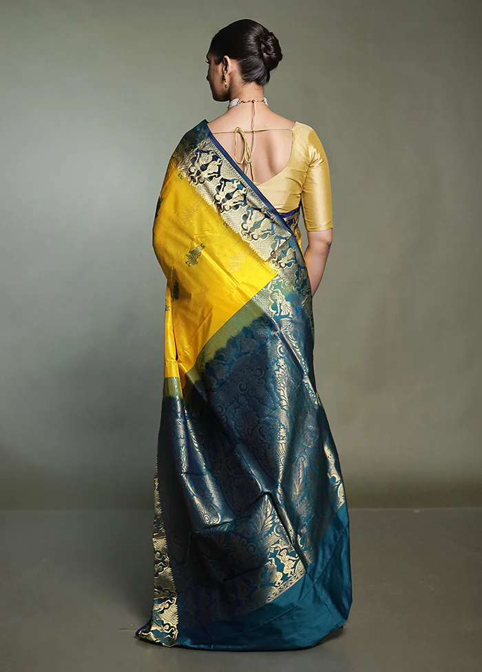 Yellow Handloom Kanjivaram Pure Silk Saree With Blouse Piece - Image 3