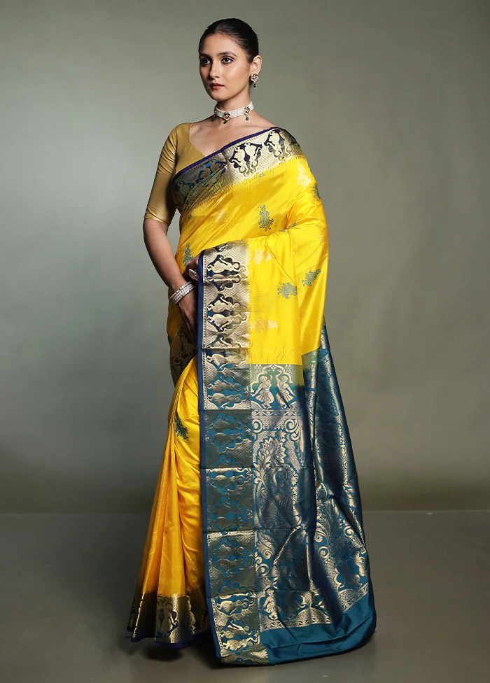 Yellow Handloom Kanjivaram Pure Silk Saree With Blouse Piece - Image 4