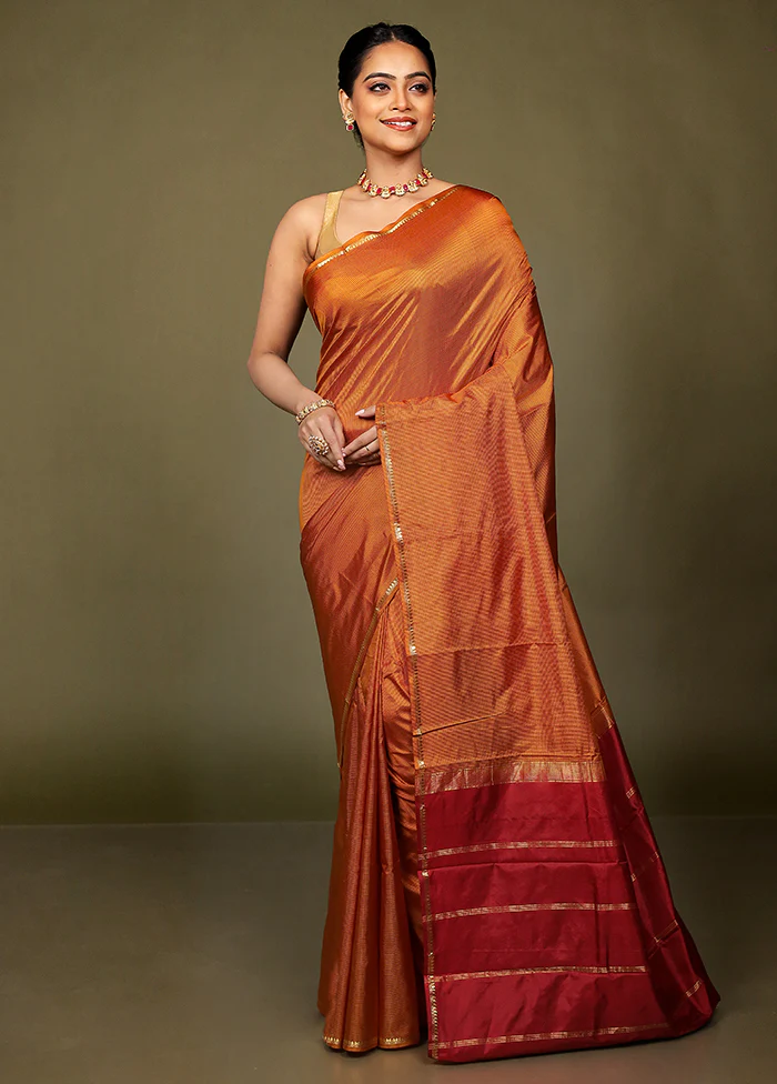 Yellow Handloom Kanjivaram Pure Silk Saree With Blouse Piece - Image 2