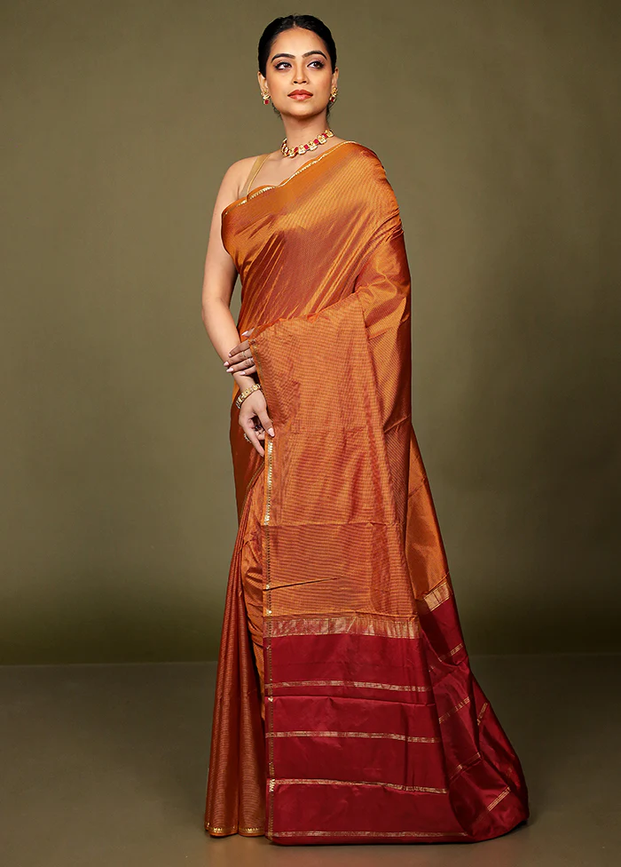 Yellow Handloom Kanjivaram Pure Silk Saree With Blouse Piece - Image 4