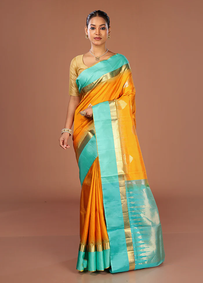 Yellow Handloom Kanjivaram Pure Silk Saree With Blouse Piece - Image 2