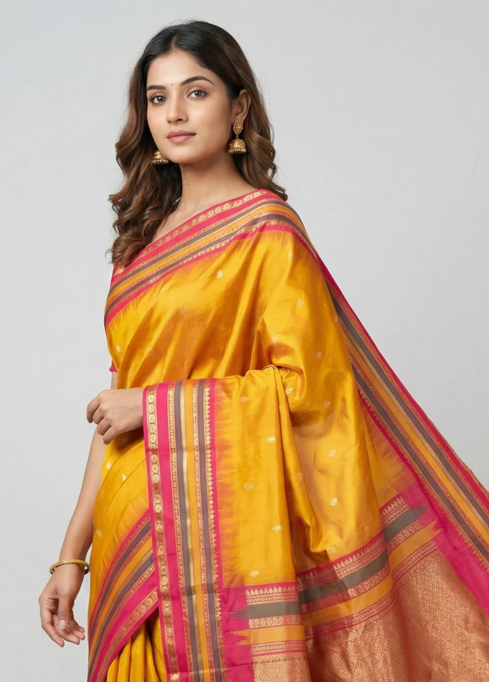 Yellow Handloom Kanjivaram Pure Silk Saree With Blouse Piece - Image 2