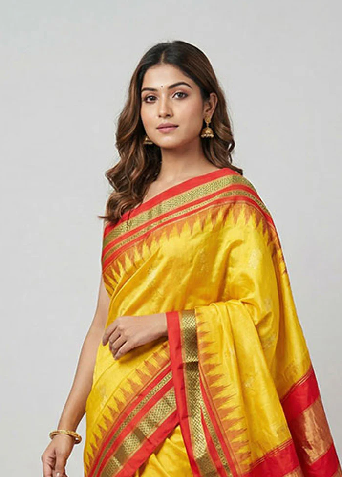 Yellow Handloom Kanjivaram Pure Silk Saree With Blouse Piece - Image 2