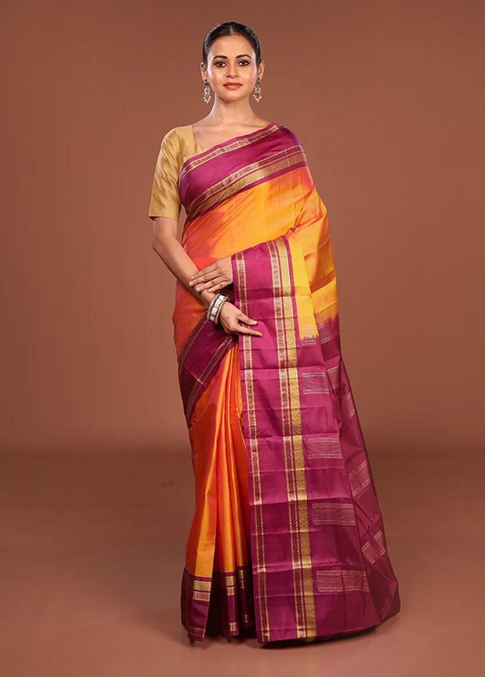 Yellow Handloom Kanjivaram Pure Silk Saree With Blouse Piece - Image 2