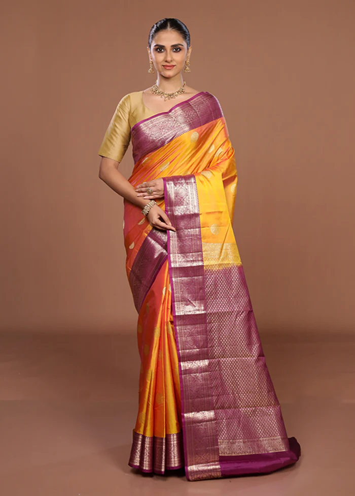 Yellow Handloom Kanjivaram Pure Silk Saree With Blouse Piece - Image 2