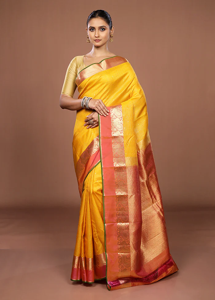 Yellow Handloom Kanjivaram Pure Silk Saree With Blouse Piece - Image 2