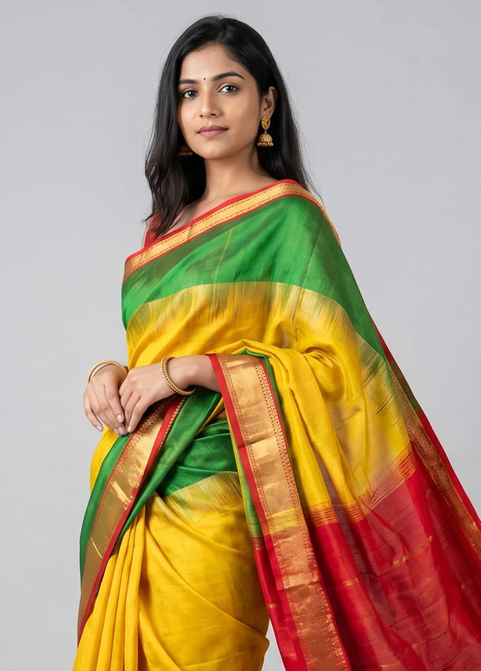 Yellow Handloom Kanjivaram Pure Silk Saree With Blouse Piece - Image 2