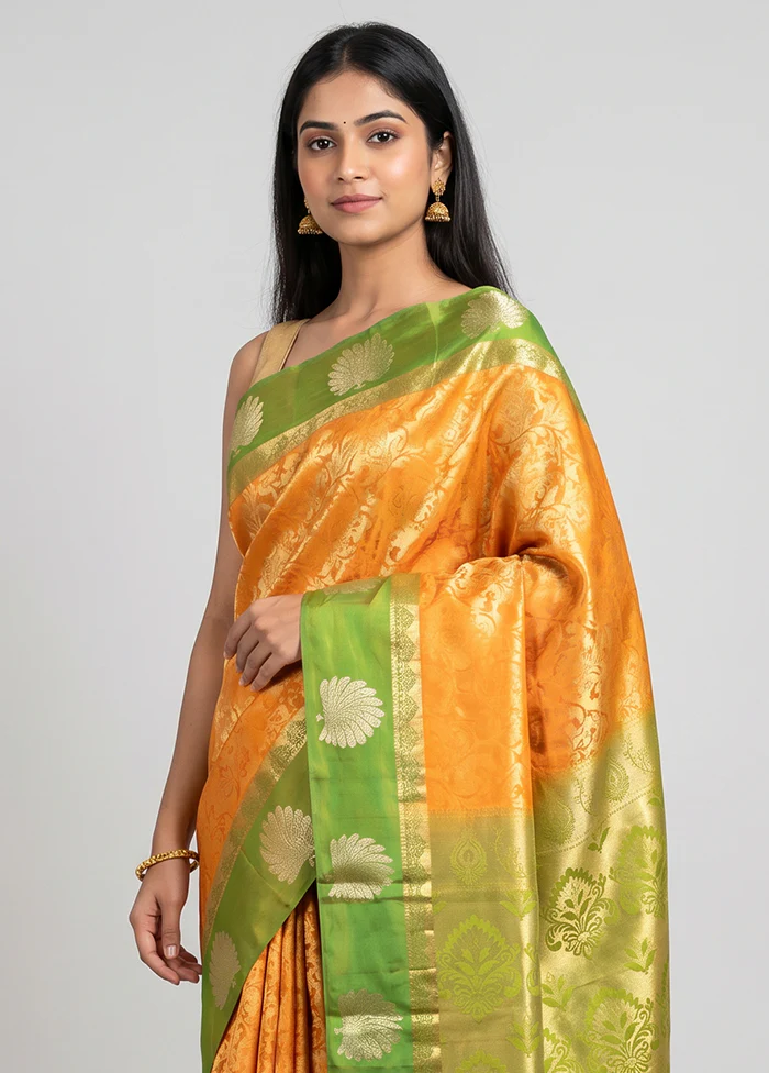 Yellow Handloom Kanjivaram Pure Silk Saree With Blouse Piece - Image 2