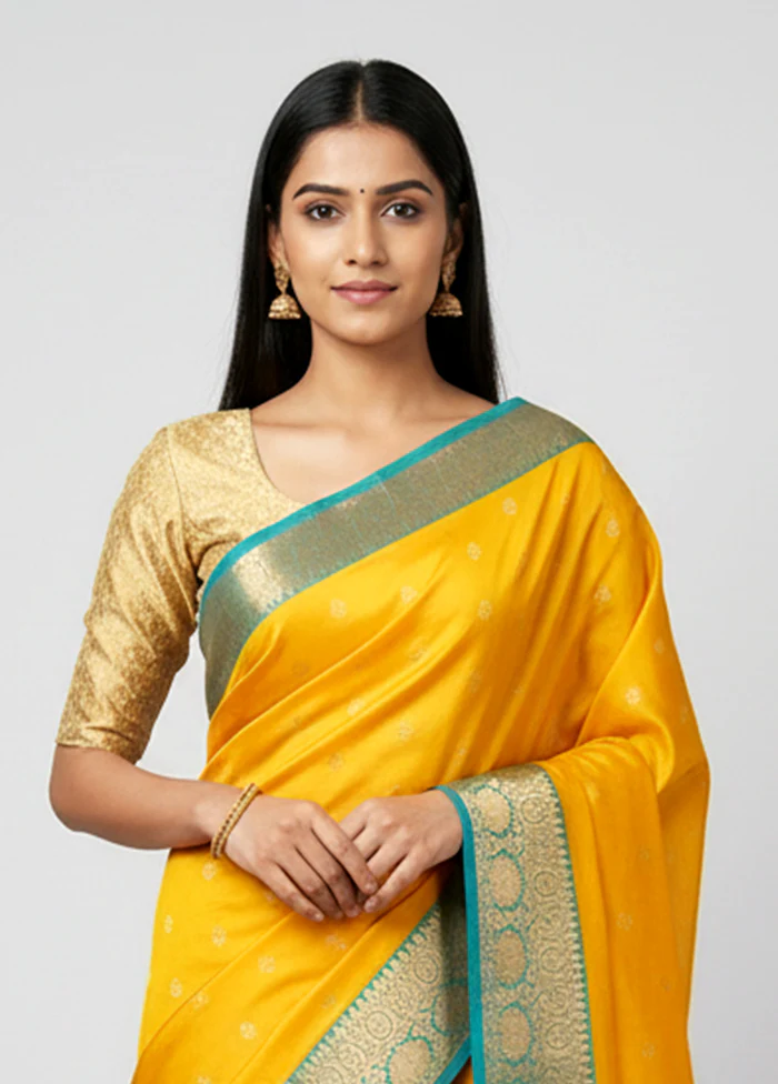 Yellow Handloom Kanjivaram Pure Silk Saree With Blouse Piece - Image 2