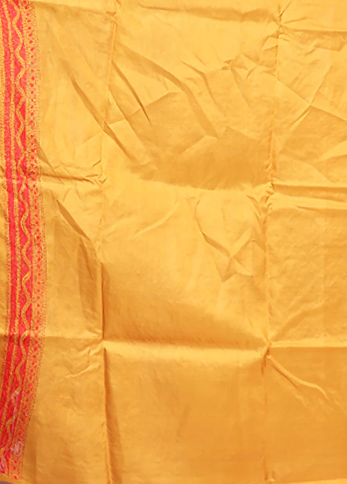 Yellow Handloom Kantha Stitch Pure Silk Saree With Blouse Piece - Image 5