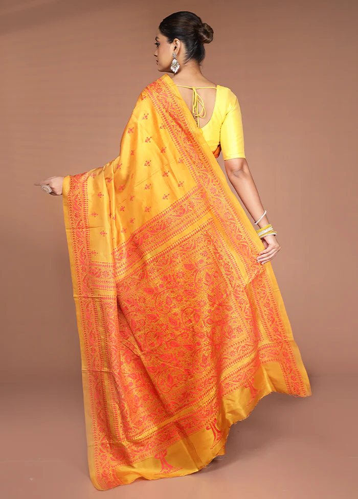 Yellow Handloom Kantha Stitch Pure Silk Saree With Blouse Piece - Image 3