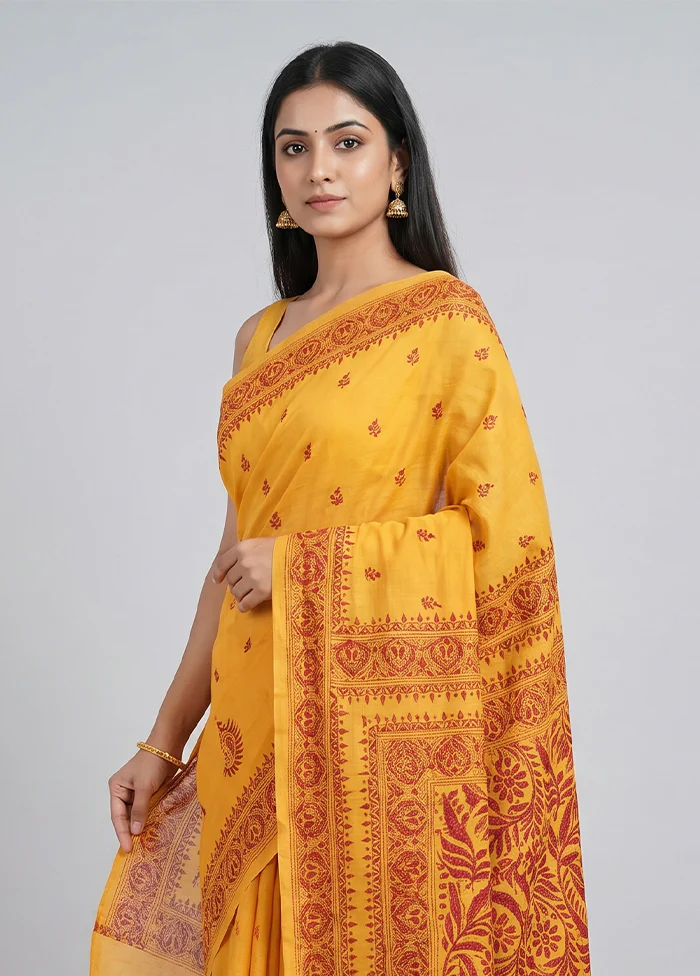 Yellow Handloom Kantha Stitch Pure Silk Saree With Blouse Piece - Image 2