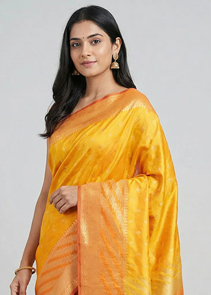 Yellow Handloom Katan Pure Silk Saree With Blouse Piece - Image 2