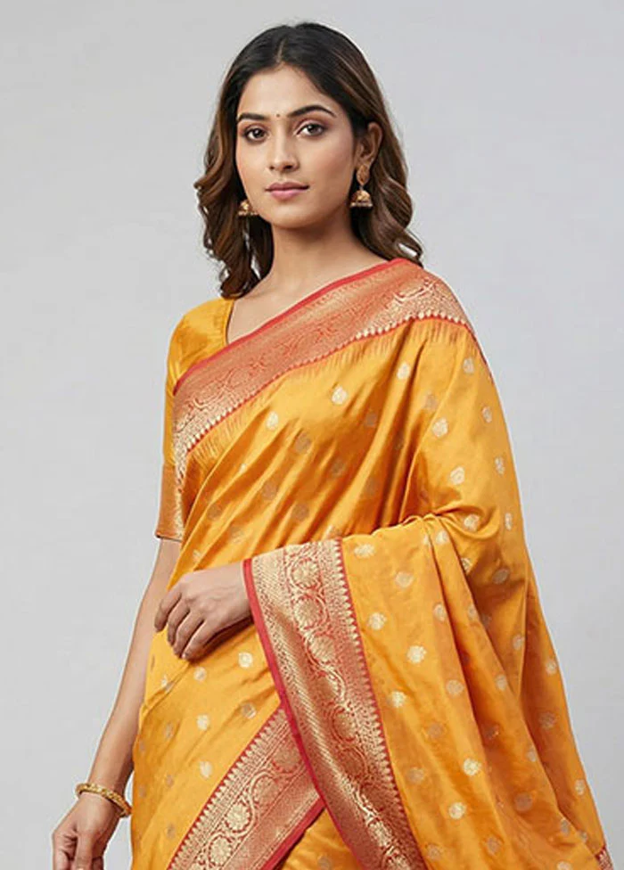 Yellow Handloom Katan Pure Silk Saree With Blouse Piece - Image 2