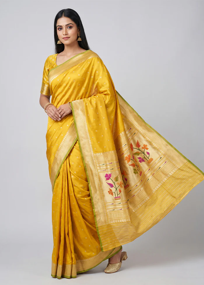 Yellow Handloom Katan Pure Silk Saree With Blouse Piece