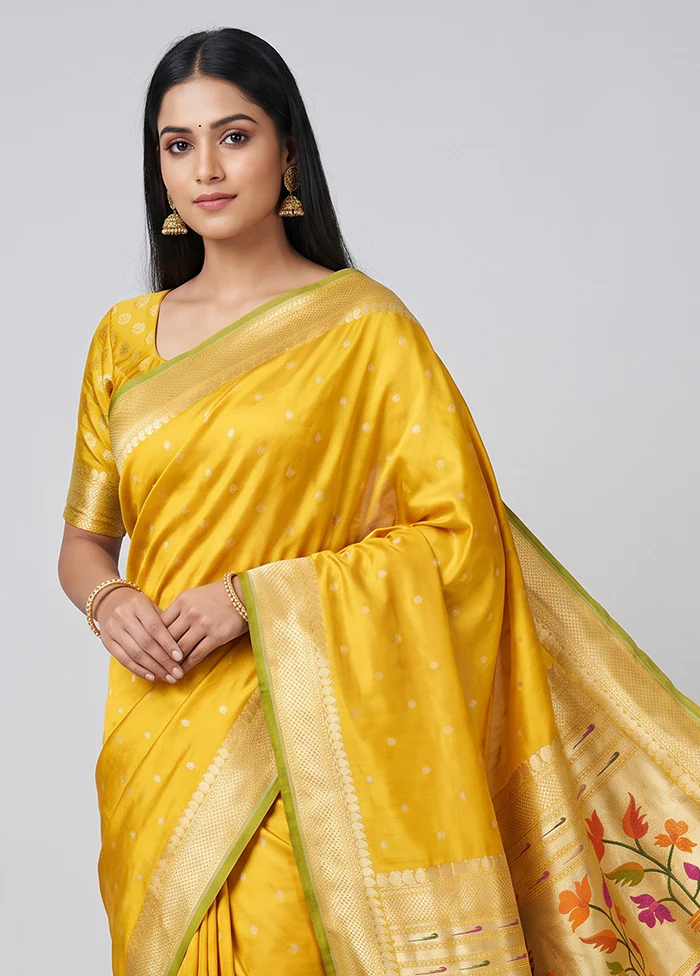 Yellow Handloom Katan Pure Silk Saree With Blouse Piece - Image 2