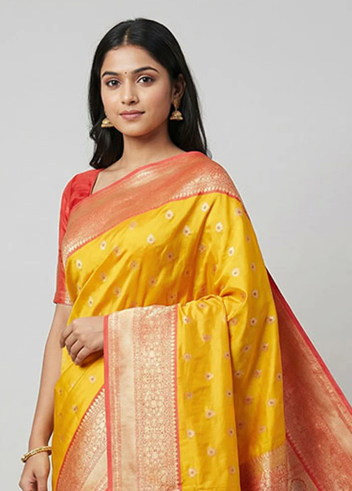 Yellow Handloom Katan Pure Silk Saree With Blouse Piece - Image 2