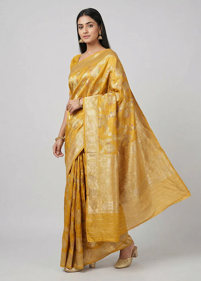 Yellow Handloom Katan Pure Silk Saree With Blouse Piece