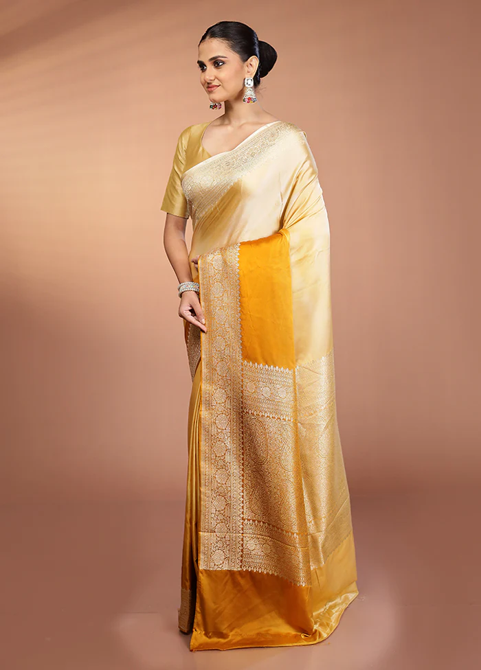 Yellow Handloom Katan Pure Silk Saree With Blouse Piece - Image 4