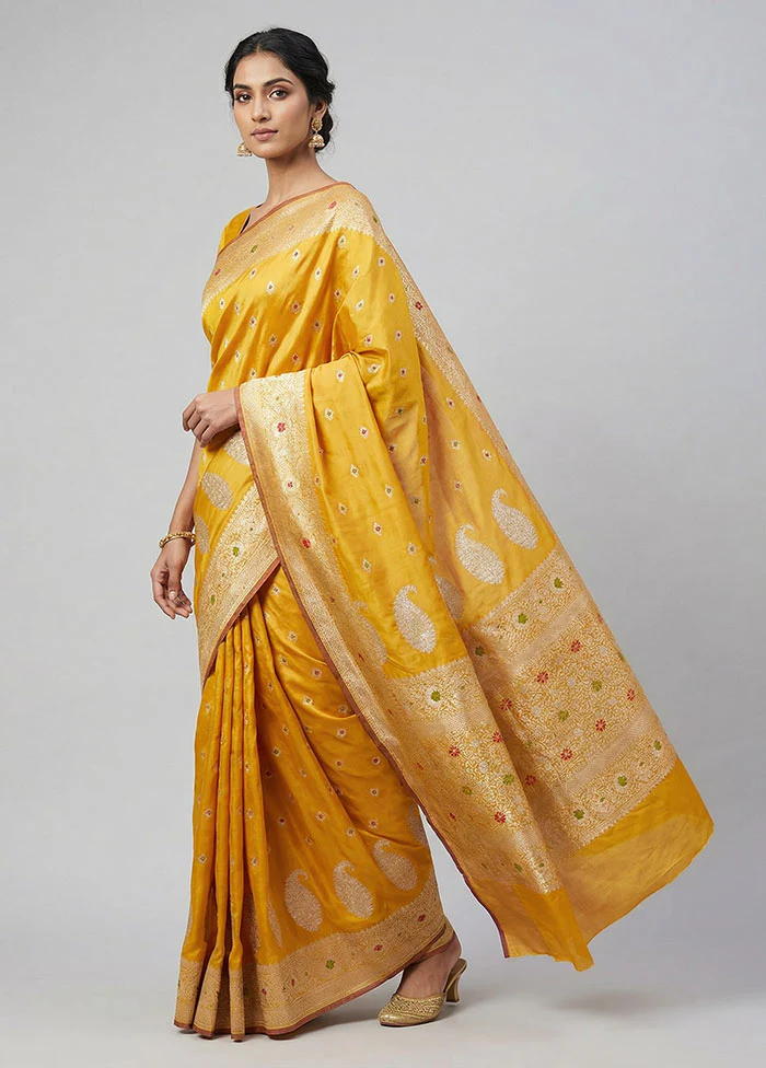 Yellow Handloom Katan Pure Silk Saree With Blouse Piece