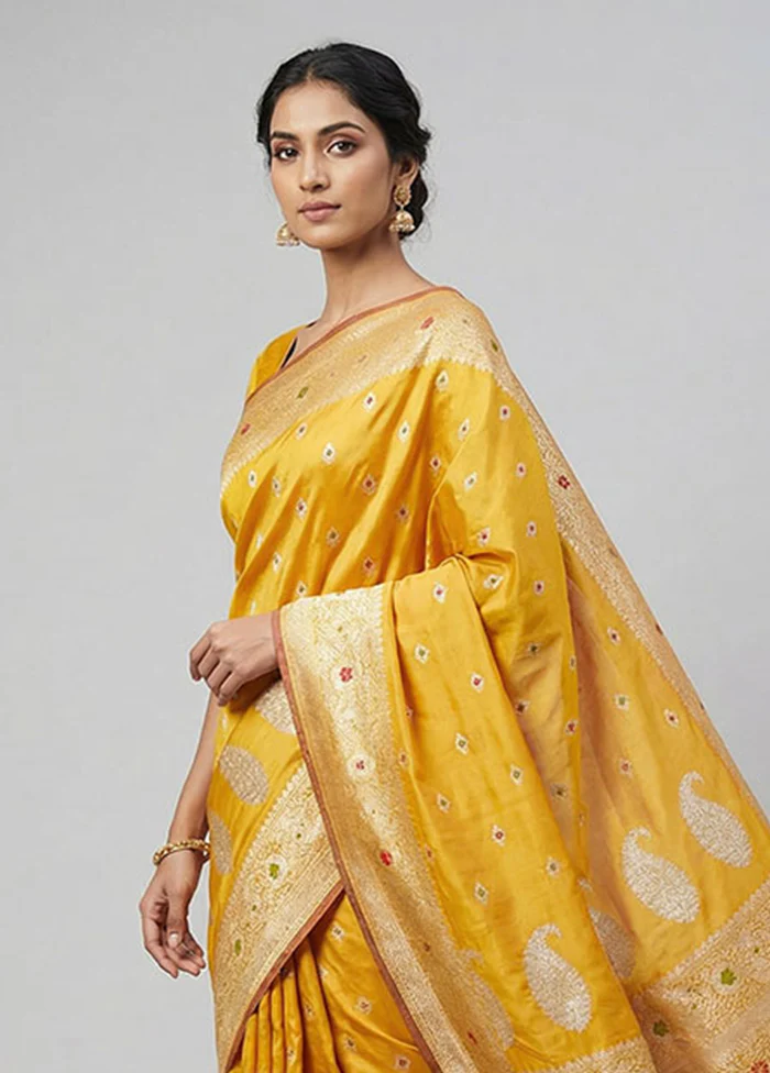Yellow Handloom Katan Pure Silk Saree With Blouse Piece - Image 2