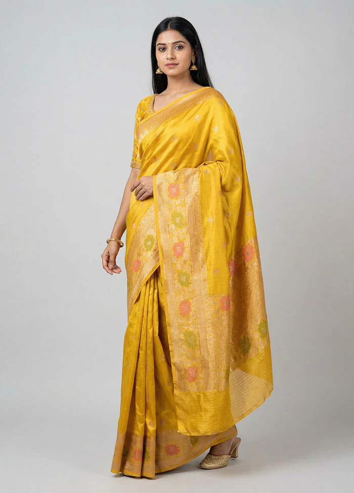 Yellow Handloom Katan Pure Silk Saree With Blouse Piece