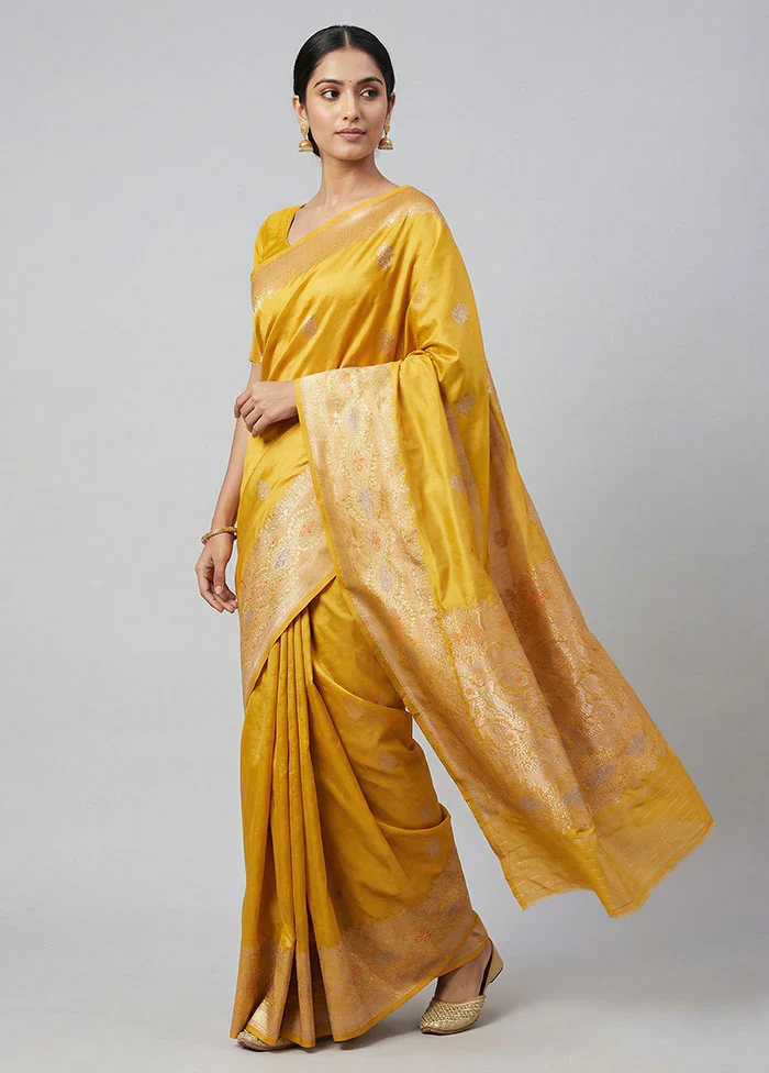 Yellow Handloom Katan Pure Silk Saree With Blouse Piece