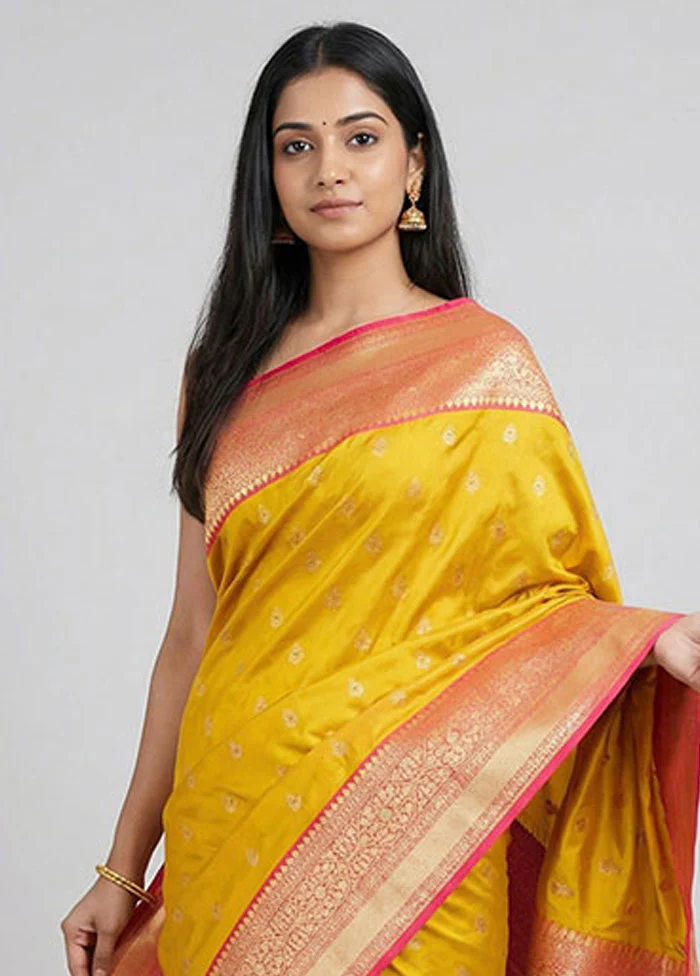 Yellow Handloom Katan Pure Silk Saree With Blouse Piece - Image 2