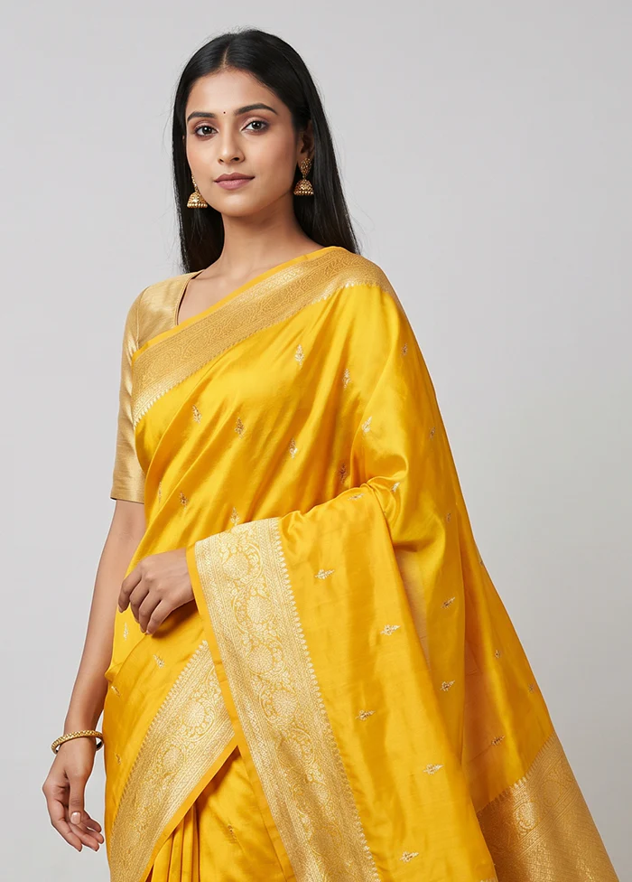 Yellow Handloom Katan Pure Silk Saree With Blouse Piece - Image 2