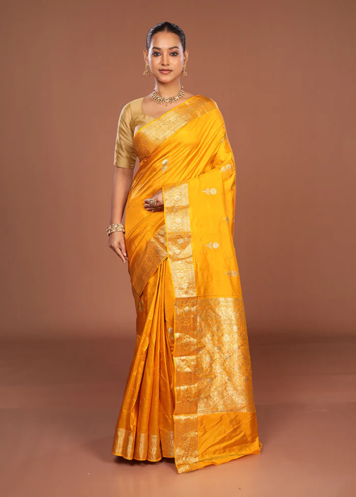 Yellow Handloom Katan Pure Silk Saree With Blouse Piece - Image 2