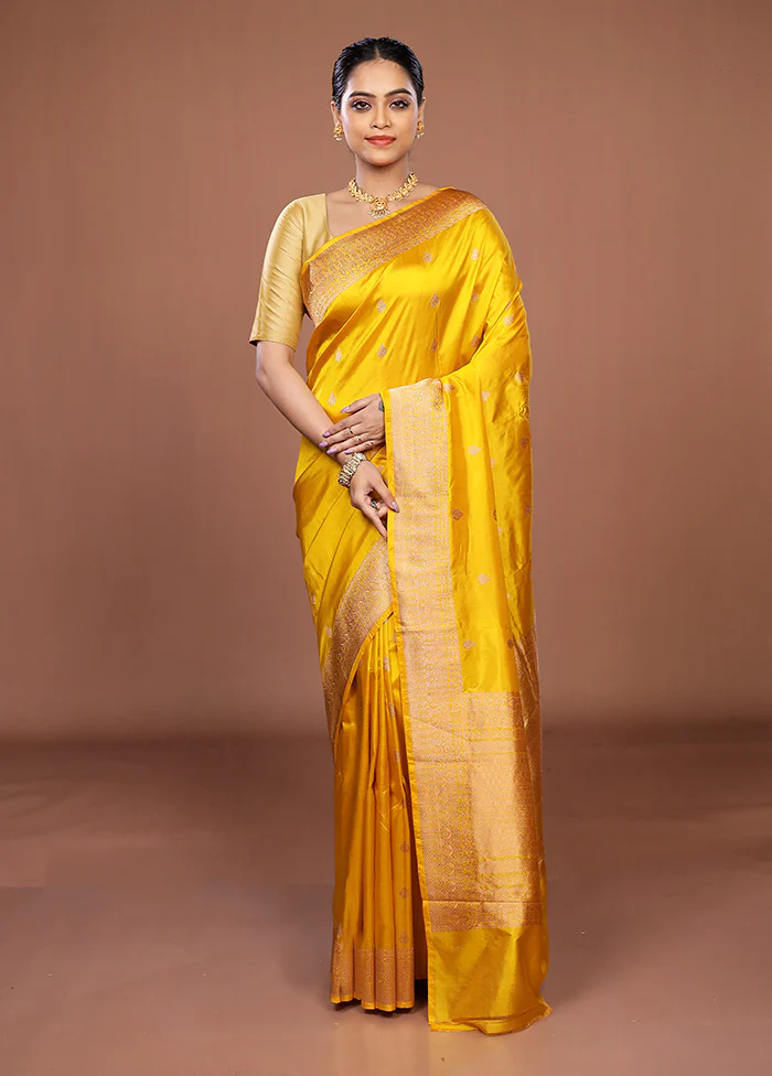 Yellow Handloom Katan Pure Silk Saree With Blouse Piece - Image 2