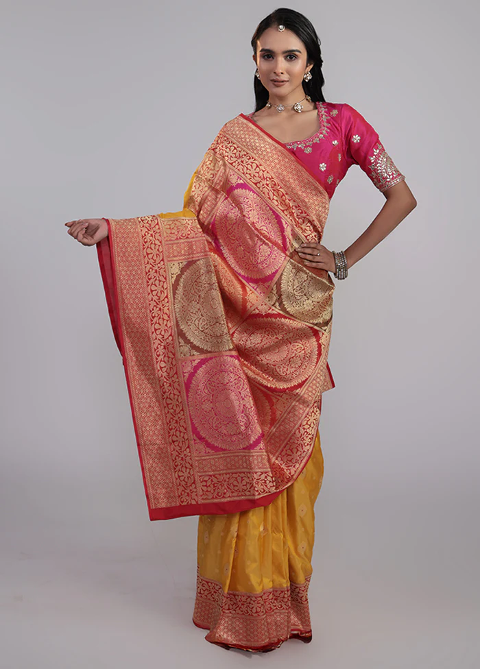 Yellow Handloom Katan Pure Silk Saree With Blouse Piece