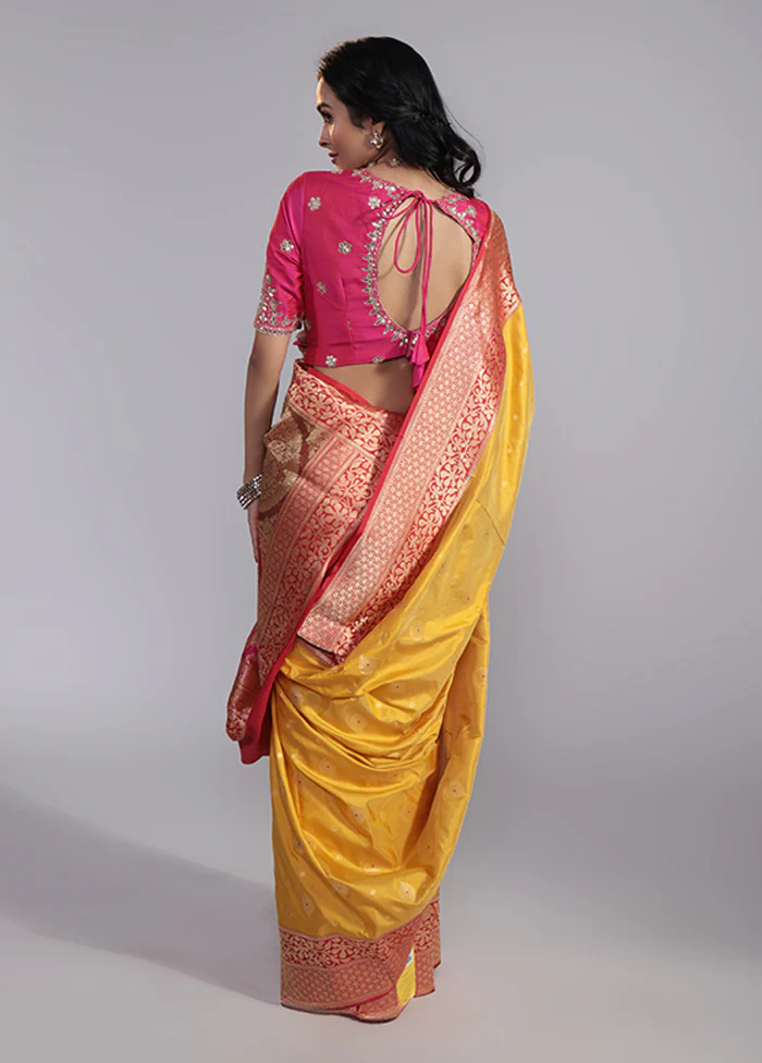Yellow Handloom Katan Pure Silk Saree With Blouse Piece - Image 3