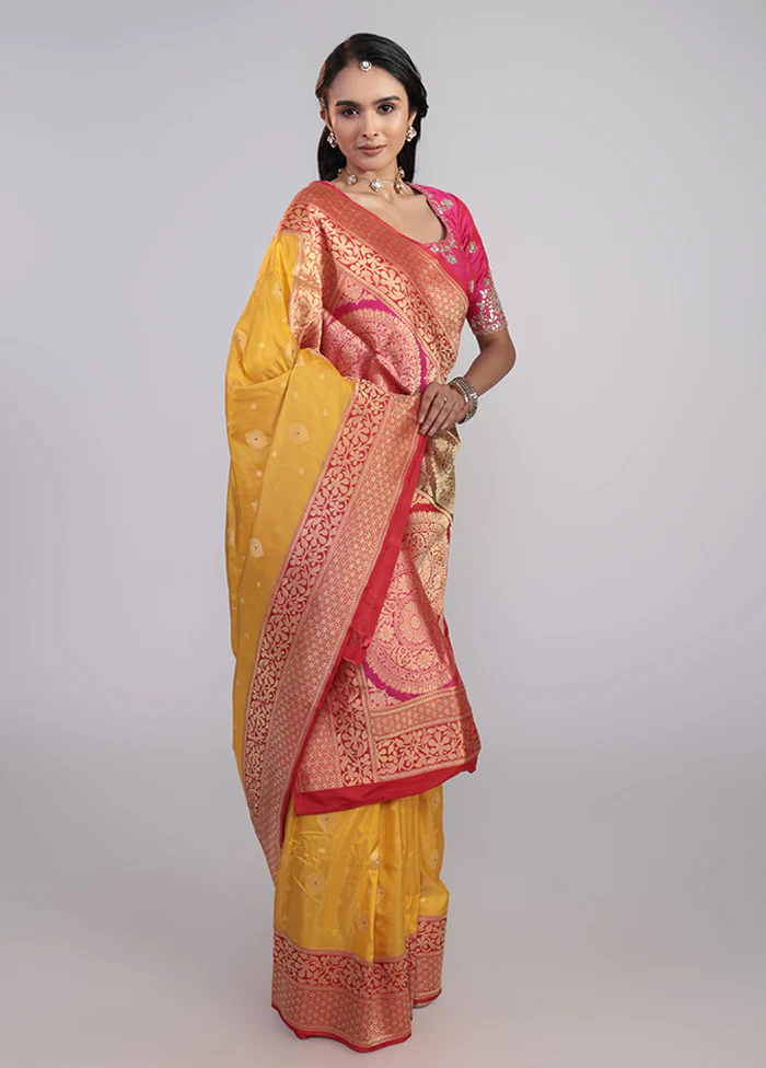 Yellow Handloom Katan Pure Silk Saree With Blouse Piece - Image 4