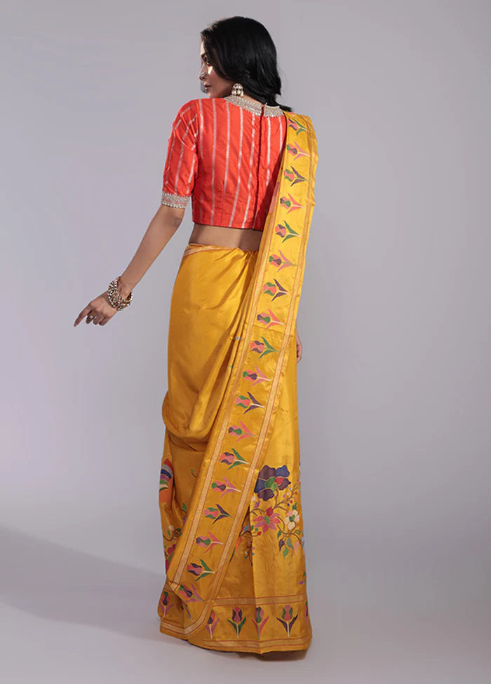 Yellow Handloom Katan Pure Silk Saree With Blouse Piece - Image 3