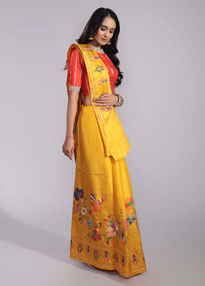 Yellow Handloom Katan Pure Silk Saree With Blouse Piece - Image 4