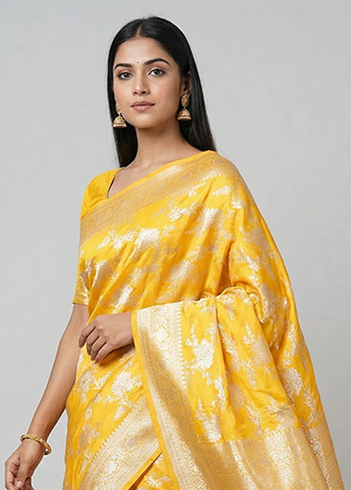 Yellow Handloom Katan Pure Silk Saree With Blouse Piece - Image 2