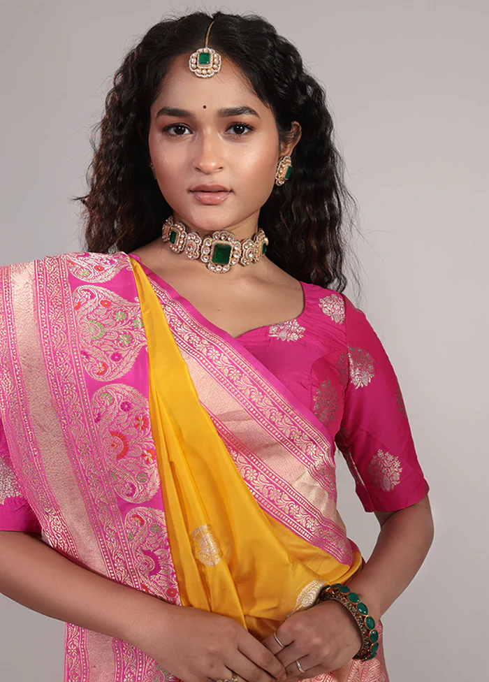 Yellow Handloom Katan Pure Silk Saree With Blouse Piece - Image 2