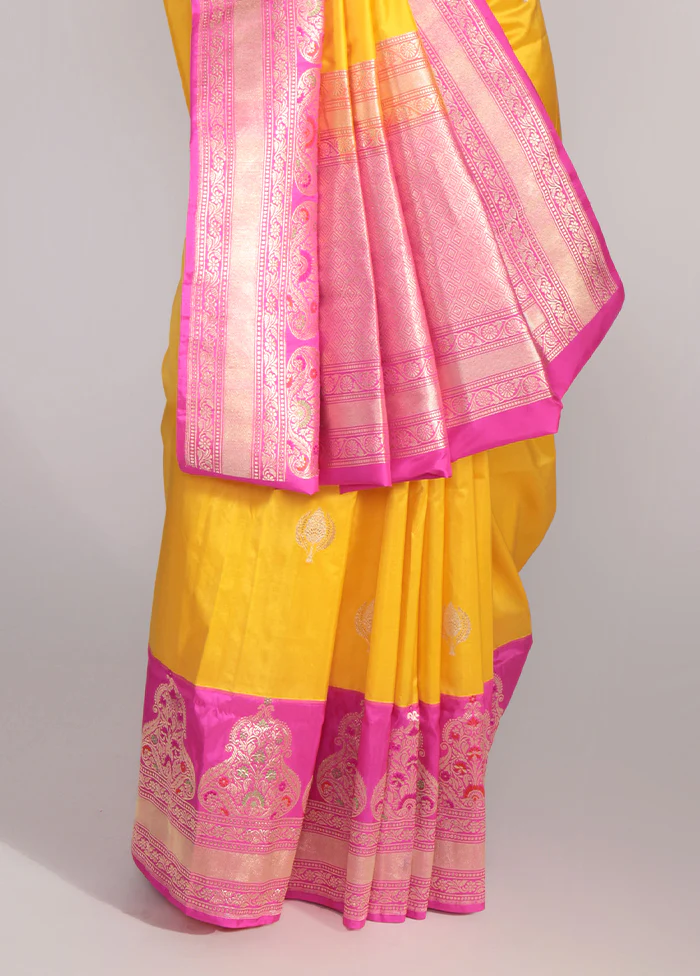 Yellow Handloom Katan Pure Silk Saree With Blouse Piece - Image 4
