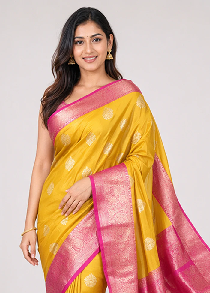 Yellow Handloom Katan Pure Silk Saree With Blouse Piece - Image 2