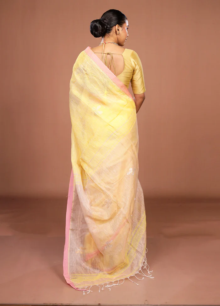 Yellow Handloom Linen Pure Silk Saree With Blouse Piece - Image 3