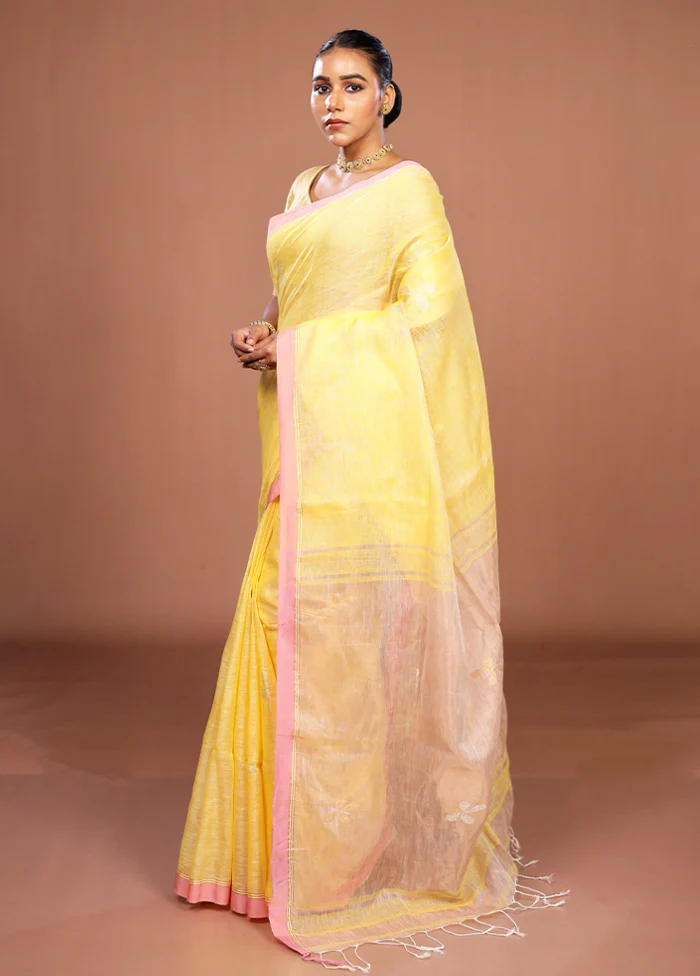 Yellow Handloom Linen Pure Silk Saree With Blouse Piece - Image 4