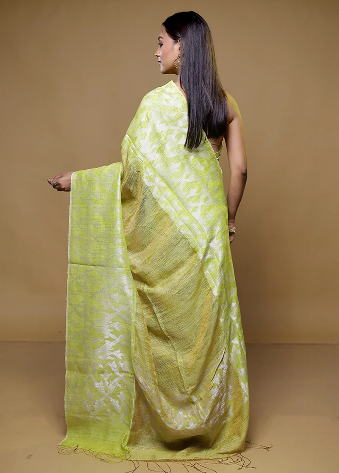 Yellow Handloom Matka Pure Silk Saree With Blouse Piece - Image 3