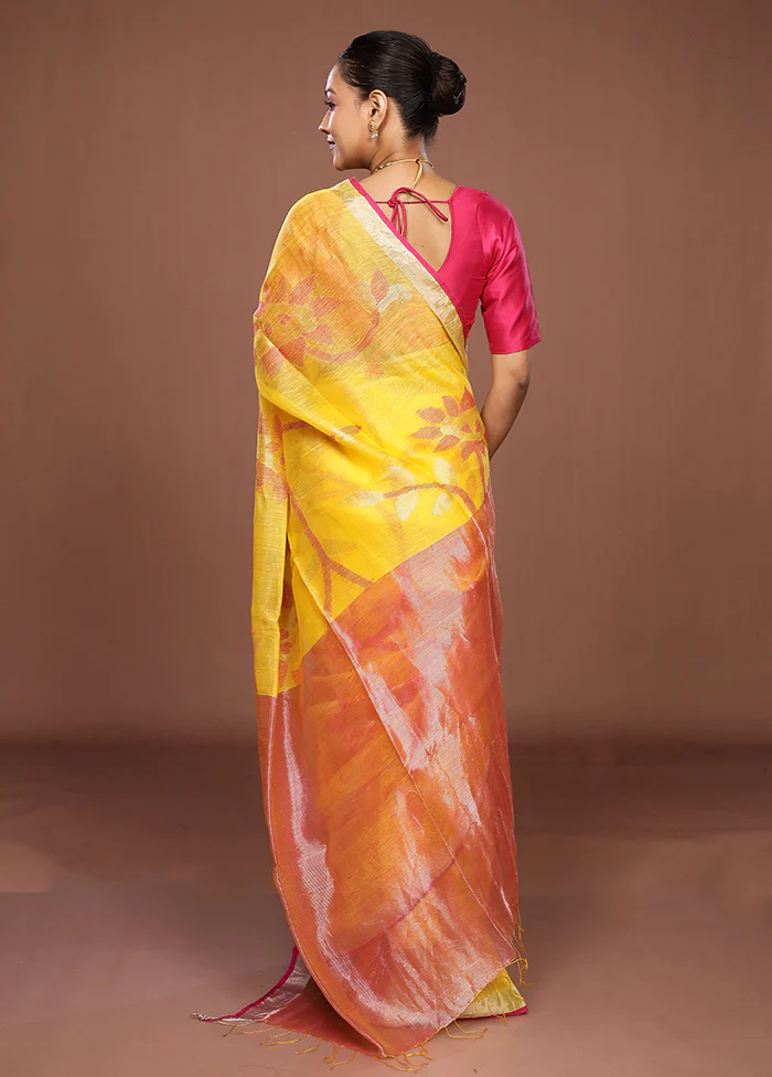 Yellow Handloom Matka Pure Silk Saree With Blouse Piece - Image 3
