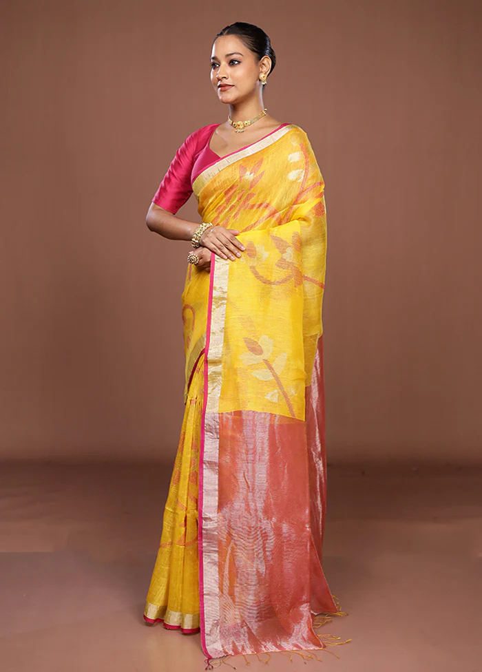 Yellow Handloom Matka Pure Silk Saree With Blouse Piece - Image 4