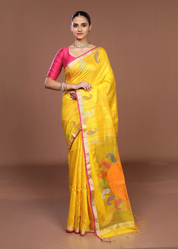 Yellow Handloom Matka Pure Silk Saree With Blouse Piece - Image 2